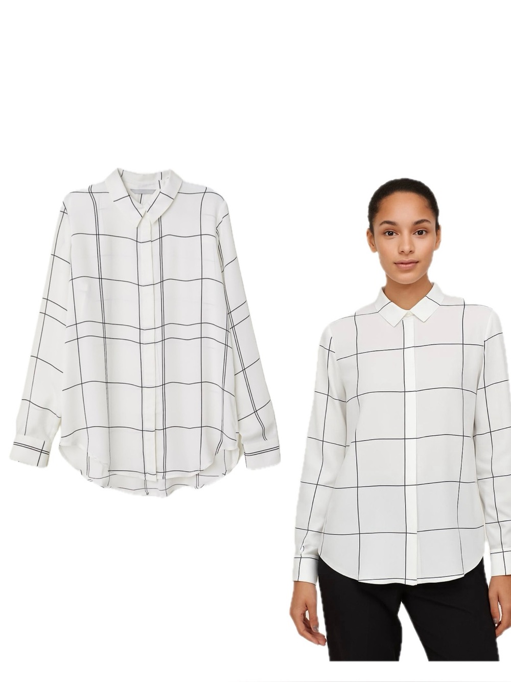 H&M Women’s White Black Windowpane Check Button-Down Blouse Sz 10 classic